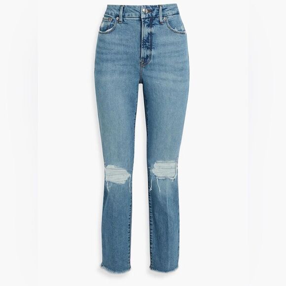 GOOD AMERICAN Good Classic Slim Straight Jeans High Rise Distressed Sz 0 25 New - Picture 1 of 15